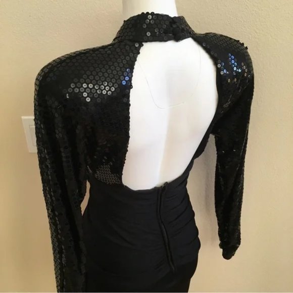 Vintage Karen Okada Black Sequin & Rhinestone Party Dress 6 Backless - Picture 5 of 11